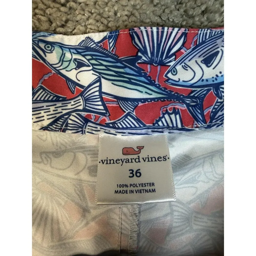 Vineyard Vines Swim Trunks Mens 36 Red Fish Print Lined Shorts Drawstring